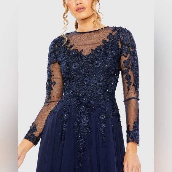 MAC DUGGAL 20478 NWT High Neck Mesh Long Sleeve Embellished A Line Gown - Picture 4 of 7